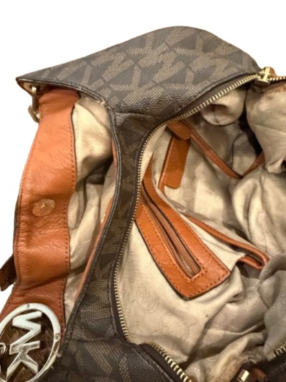 Michael Kors Brown MK Logo Hobo Bag with Lots of Pockets Needs zipper pull - Picture 10 of 15